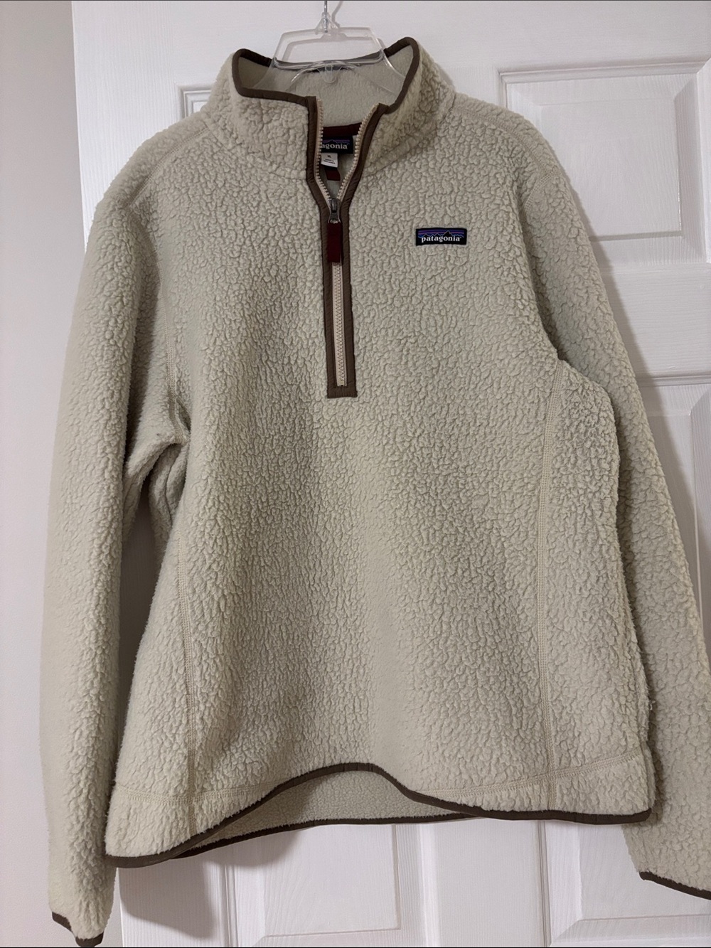 Patagonia Cream Sherpa Quarter-Zip Pullover with Brown Trim